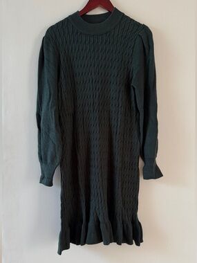 CECE Women’s Dark Green Cable Knit Ruffle Hem Sweater Dress Size XL